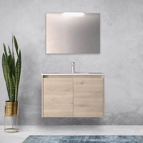 Mobile bagno sospeso 80 cm 2 ante in legno naturale con due ante - Nova - Con specchio e lampada LED