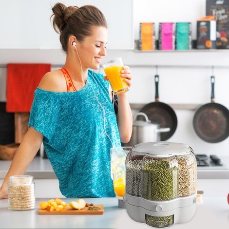 Boîte de rangement pour céréales et aliments, grande capacité 6,5 L, distributeur de riz rotatif à 6 compartiments, boîte de conservation hermétique, seau de rangement pour la cuisine. (1/5)