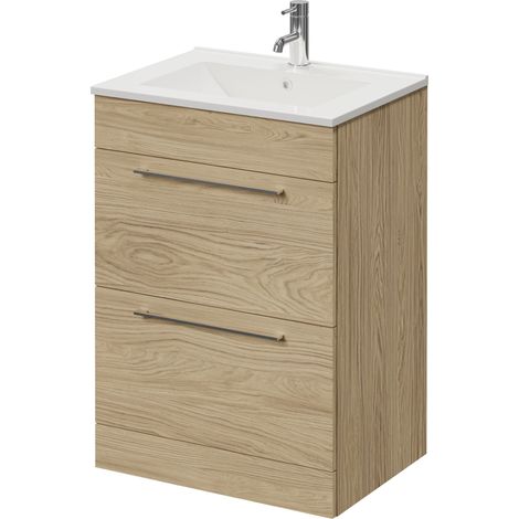 Napoli 460 Light Oak 600mm 2 Drawer Vanity Unit with Angel Basin - 600mm - Chrome 320mm Handle