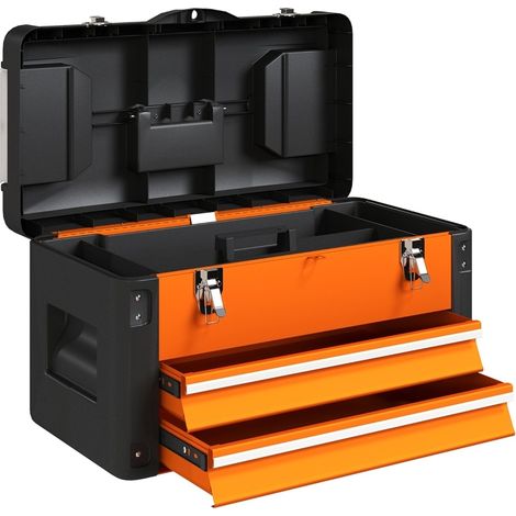 Boîte à outils en acier avec 2 tiroirs, plateau supérieur amovible et compartiments, 49,7 x 25,3 x 28,9 cm, orange (1/5)