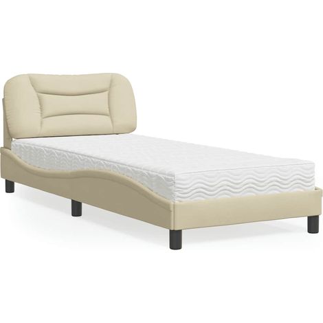 Lit 80 x 200 cm avec matelas en mousse, tissu crème, tête de lit et sommier à lattes - PANGIVO (1/5)
