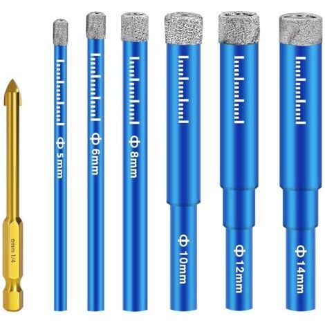 7 Pièces Foret Diamant Carrelage,Foret Diamant Gres Cerame avec 5/6/8/10/12/14 mm,Forets Metaux pour 6mm, Meche Perceuse Metal, pour Porcelaine,Céramique, Granit,Carrelage (1/4)