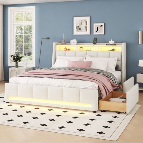 letto contenitore 140x200 LED USB con cassetti beige OKMYHOME (1/5)