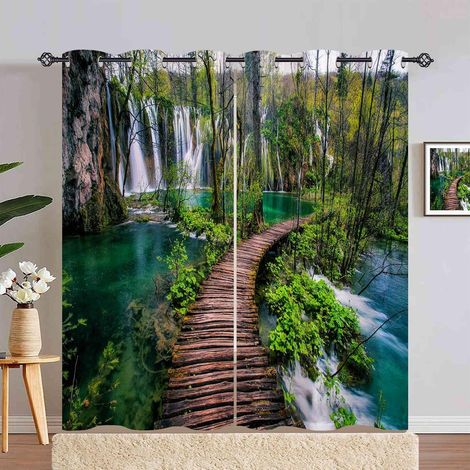 Rideau Occultant Nature Forêt Cascade Rivière Rideau Thermique Isolant Draperies Intérieurs Tenture Opaque à Oeillets pour Maison Chambre Salon Fenetre 2 Pièces L 140 x H 240 cm - 140L X 240H cm (2 Pa (1/5)