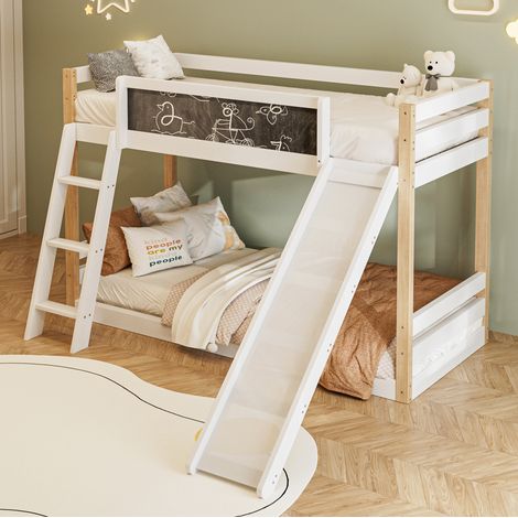 Litera infantil de madera blanca de 90x200 cm con escaleras, tobogán y barandillas de seguridad. (1/5)