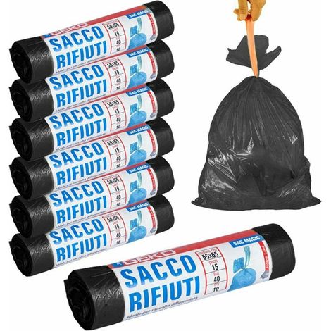 7 X Rotoli Sacchetti Buste Spacetura 40lt 55x65cm Chiusura Laccetto Nero 105pz (1/5)
