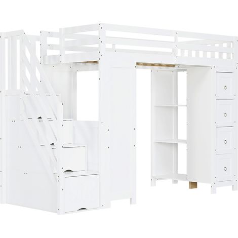 Lit mezzanine enfant multifonction avec bureau, rangements et échelle, blanc 90 x 200 cm (1/5)