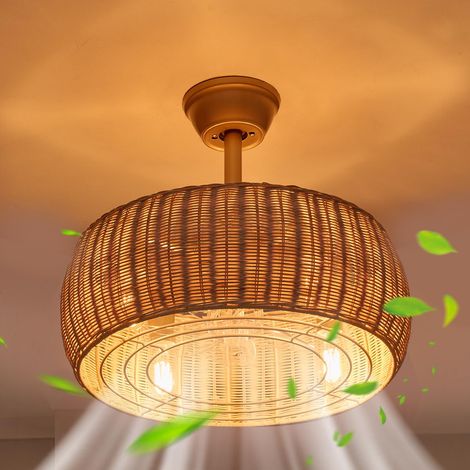 Ventilateur de Plafond Rotin avec Lumière 46 cm, Design Bohème, Cage en Osier, Lustre Ventilateur avec 4 Douilles E27 (Ampoules Non Incluses)