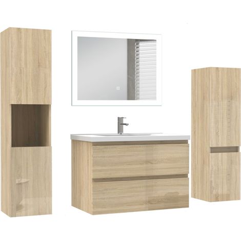 Ocean Ensemble de Meuble salle de bain 79cm Chêne Haut Brillant, miroir led + colonne 110cm + colonne 131.5cm