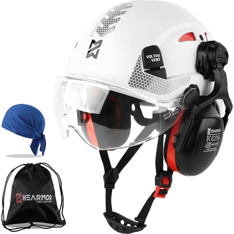 Casque de Protection avec Protection auditive et visière, certifié en 397, Casque de Travail ventilé, Suspension à 6 Points, idéal pour l'industrie et la Construction, Blanc (1/5)