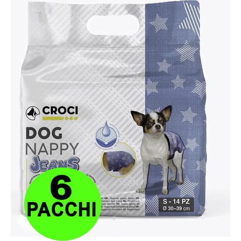 Croci Dog Nappy Jeans - Mutanda Assorbente per cani femmine, taglia S - Ø 30-39 cm, Pannolino igienico ciclo e pipi cane, Antiodore, Usa e getta, Chiusura adesiva regolabile, 14 pz