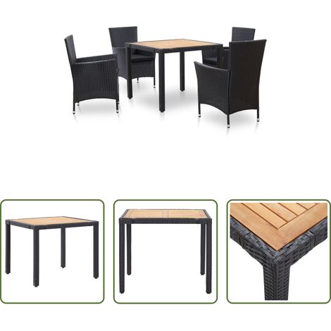 vidaXL Rattan-Tisch - 5-tlg. Garten-Essgruppe mit Kissen Poly Rattan Schwarz (1/5)