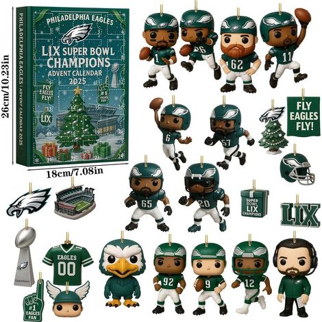 Calendrier de l'Avent de Noël 2025 des Eagles de Philadelphie - Boîte surprise - Ornement acrylique pour sapin de Noël Super Bowl - Eagles de Philadelphie (GJ521-001) --