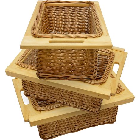 Kukoo – Lot de 3 paniers de rangement coulissants en osier brun – Dimensions 320x510 mm – Support jusqu'à 10 kg – Kit de fixation inclus