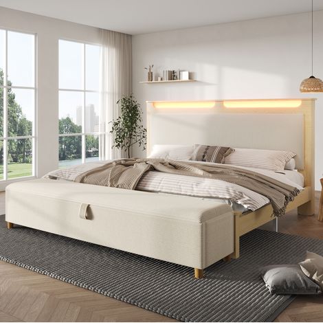 Bett 160x200 cm modern in Eicheoptik und beigem Cord mit Kopfteil-Stauraum, LED-Beleuchtung und Bettbank mit Stauraum (1/5)