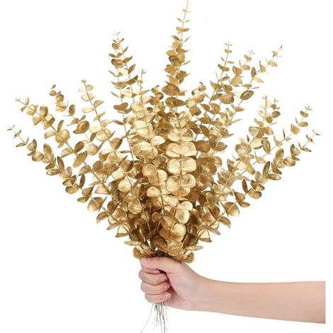 Lot de 24 tiges d'eucalyptus artificielles dorées, fausses feuilles décoratives pour bouquet de mariage, maison, ferme, vase, bricolage (1/4)