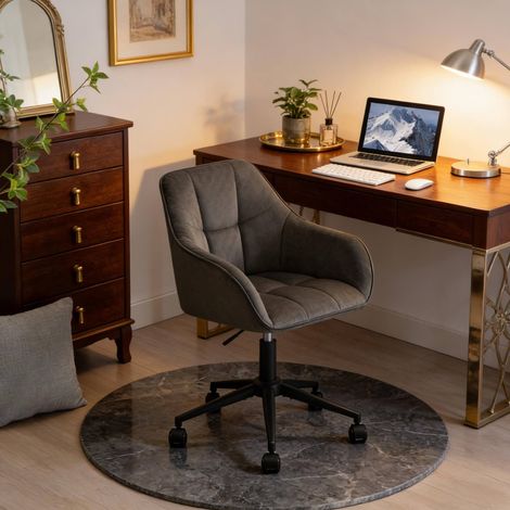 Sedia da ufficio in velluto grigio scuro, altezza seduta 48-57 cm, girevole 360°, con braccioli integrati e pistone a gas (1/5)
