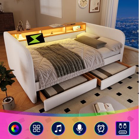 Polsterbett 140x190 cm aus beigem Leinen mit LED und 2 Schubladen, ohne Matratze – MEUBLIV (1/5)