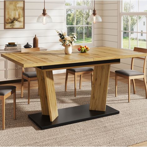 Ausziehbarer Esstisch 120-160x80x76 cm, stabiles Doppelsäulen Design, höhenverstellbare Füße, MDF, Eiche (1/5)