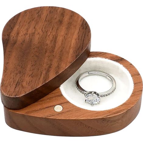 Boîte à bagues en bois coeur - Boîte à bijoux en bois naturel à bagues pour demande en mariage Étui pour Fiançailles Anniversaire Saint Valentin Cadeau Romantique (1/5)