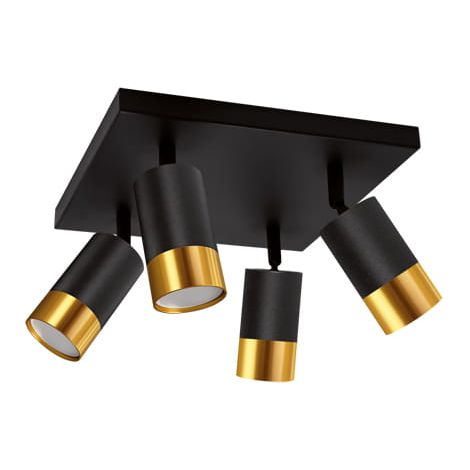 Lampada da parete decorativa nera e oro con faretto orientabile a forma di trombone, 4 lampadine GU10, 35W, IP20, Ideus 04129