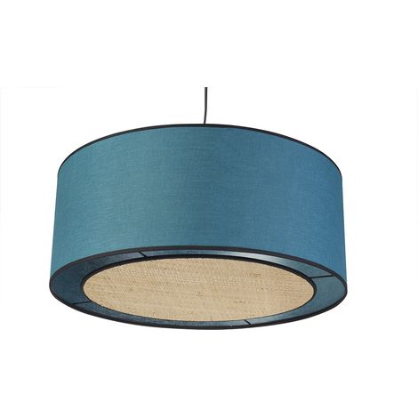 Lampada a sospensione in lino blu pavone e fibra di rafia D50 cm TRAVES