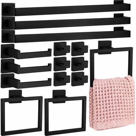 Ensemble de 15 pièces pour porte-serviettes en acier inoxydable noir, avec crochets et porte-papier toilette. (1/5)