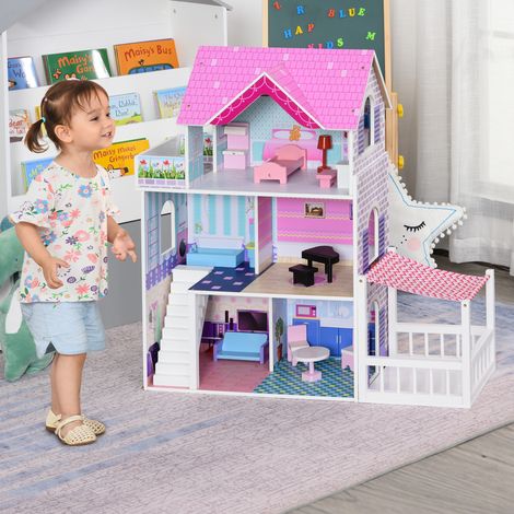 Casa de Muñecas de Madera de 3 Pisos con Patio 86x30x87 cm Muebles Accesorios de 13 Piezas Diseño Lindo Casita Muñecas de Juguete Madera Rosa (1/5)