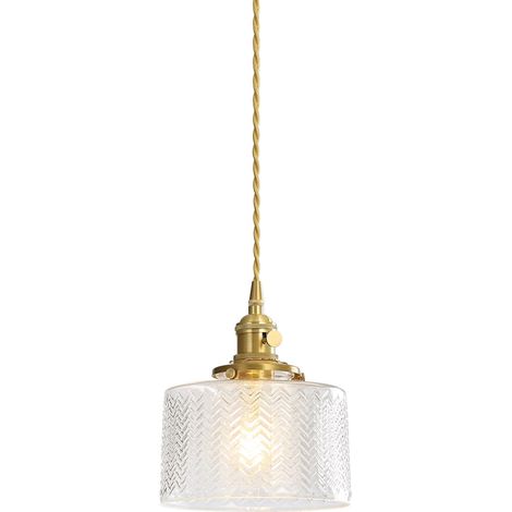 Suspension Moderne en Verre avec Douille Métal E27 Dorée, Abat-jour Texturé, Câble Suspendu Réglable, Idéale pour Cuisine, Salle à Manger et Salon (Transparent cannelé) (1/5)