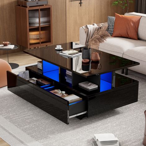Tavolino da caffè fisso 90 cm, rettangolare, con illuminazione LED, 4 cassetti di stoccaggio, piano lucido, telecomando, moderno, APP, tavolo da salotto in legno - Nero (1/5)