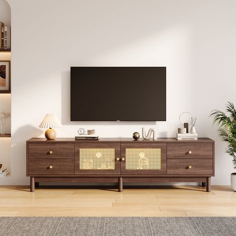 Vintage-TV-Schrank mit 2 Rattantüren + 4 Schubladen, 80-Zoll-TV-Schrank – 180 x 35 x 44 cm – Braun