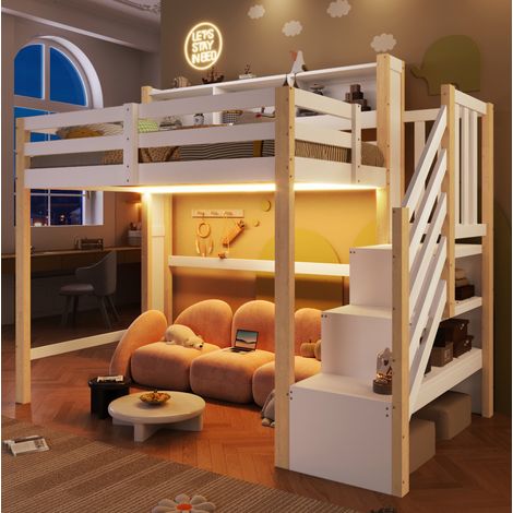 Lit mezzanine enfant 90x200 cm en bois blanc et naturel avec LED, gain de place, sans matelas – MEUBLIV (1/5)