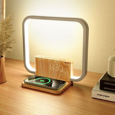 Lampada da comodino con funzione di ricarica, caricabatterie wireless da 10 W, luce sveglia con controllo touch, lampada da tavolo dimmerabile con 3 modalità di luminosità, 10 suoni naturali per adult (1/4)