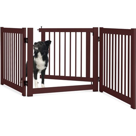 COSTWAY Barrière de Sécurité pour Enfants, Grille de Protection en Bois de Pin, Clôture Extensible de Sécurité avec Porte pour Chien Chiot, Enclos Autoportant Pliante à 3 Panneaux de 60,9 cm (Cerise) (1/5)