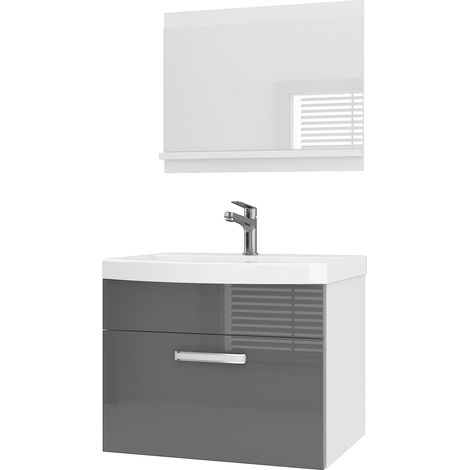 BELINI Meuble de Salle de Bain PRI P1 60 cm - Meuble avec Vasque Céramique + Miroir avec Étagère - Suspendu - Gris Brillant (1/5)