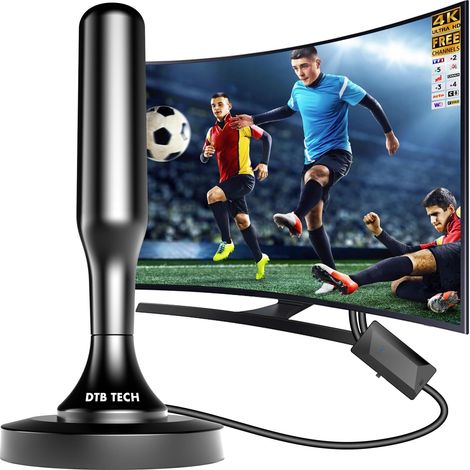 Antenne TV Intérieur Puissante, Antenne TV Intérieur avec Amplificateur de Signal Intelligent, Antenne Interieur TNT Puissante Réception 360° Portée 600km, 4K HD/1080P Les Chaînes Gratuites, Noir (1/5)