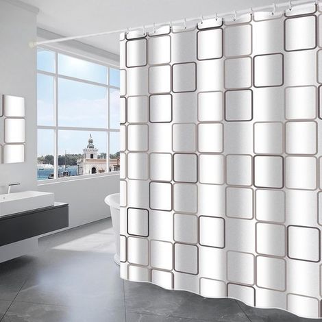 Cortina de ducha - Poliéster impermeable, lavable a máquina, con 6 ganchos, 180 x 180 cm, estampado de cuadros blancos (1/4)