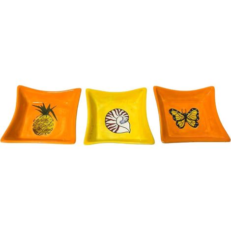 Platitos de cerámica naranja y amarillo 9 cm set de 3 diseños (1/3)