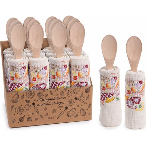 Cucchiaio in legno e asciugapiatti da cucina in cotone ricamato con decorazione fantasia frutti orto, set da 12 pezzi, Asciugapiatti: 38 x 64 H