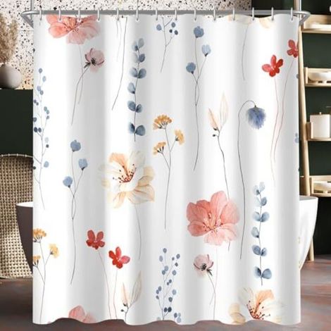 Duschvorhang, 180 x 200 cm, Korallenblumenmuster, beschwerter Saum, schimmelresistent, wasserabweisend, waschbar – Polyester-Badevorhang mit 12 Ösen und Ringen für Badezimmer