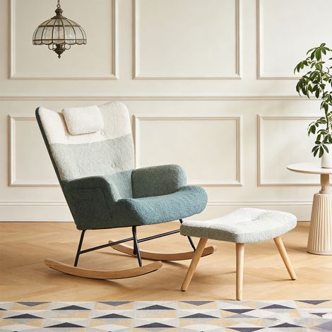 Fauteuil à bascule + pouf en tissu bouclette bleu, gris et blanc (1/5)