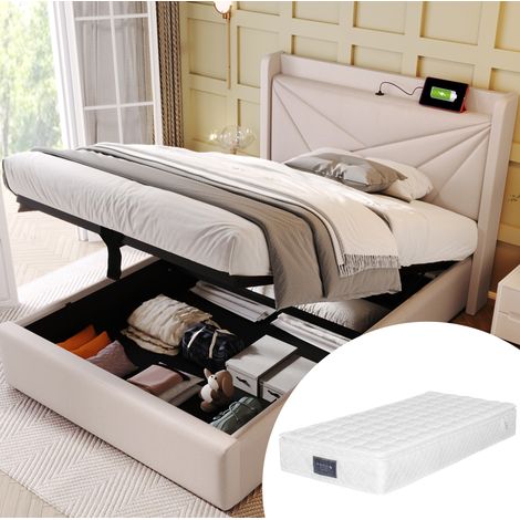 Lit simple coffre moderne 90x200 cm en coton-lin beige avec tête de lit géométrique, USB/Type-C et sommier à lattes (1/5)