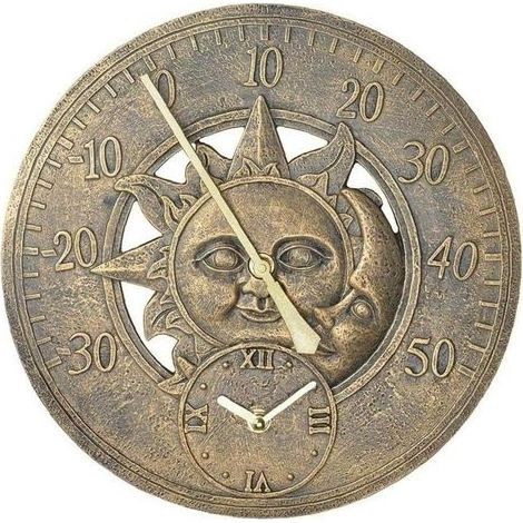 Vintage-Gartenthermometer-Uhr, Wanduhr, Retro-Dekoration, Hängeuhr mit Sonnen- und Mondmotiv, wasserfeste Gartendekoration (1/5)
