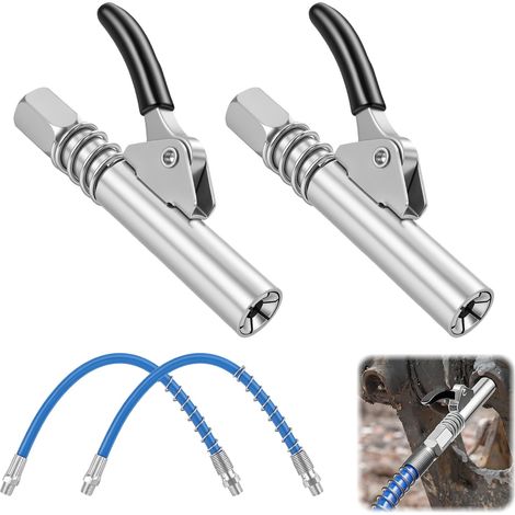 2 Pièces Embout Pompe à Graisse, G Coupleur Raccord Rapide Graisseur Verrouillage 6 Mors Adaptateur Graisse 1/8" NPT Compatible SAE et Métrique Embout Graissage Utilisation Une Main avec 30 cm Tuyau (1/5)