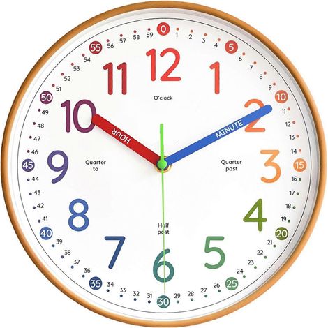 Horloge d'apprentissage pour enfants, horloge murale silencieuse de 25 cm (10 pouces), fonctionne à piles, colorée, petite horloge analogique. (1/3)