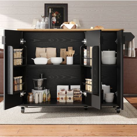 Isla de cocina 130x45x92 cm negra en MDF con encimera abatible, 3 puertas y ruedas (1/5)