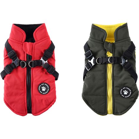 JSSEVN - (L) Red + Green Dog Coat Jacket with Harness for Small and Medium Dogs Waterproof Dog Coat Warm Padded Puffer Dog Clothes Puppy Dog Coat (1/5)