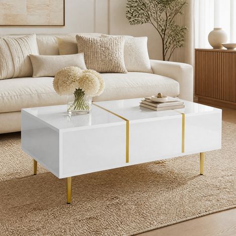 Tavolino da salotto bianco laccato lucido con 2 cassetti, 100 x 60 x 41,5 cm DESVIAE (1/5)
