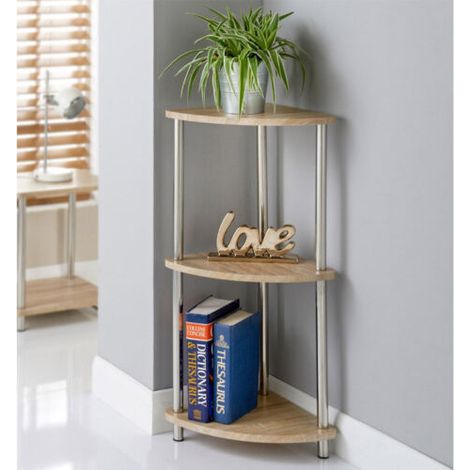 Oak Finish 3 Tier Corner Storage Shelves Unit Stainless Steel Legs