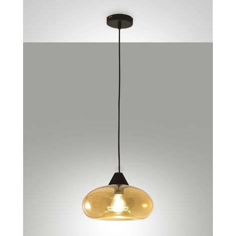 Lampada a Sospensione Ela 27cm in Metallo e Vetro Soffiato Ambra, attacco E27, design moderno ed elegante per illuminazione d'interni